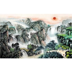 B296红色太阳升起在天空风景墨水绘画墙壁艺术装饰