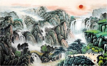 B296赤い太陽は、空の風景の墨塗りの壁の芸術の装飾で上昇する
