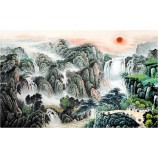 B296 le soleil rouge se lève dans les paysages du ciel peinture à l'encre décoration murale d'art