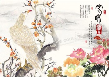 B298 Snow Hawk Peony Ink Painting Wall Background Art Decoration