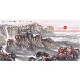B427赤い太陽が空に浮かぶ美しい風景の風景のインキの絵画のテレビの背景の壁