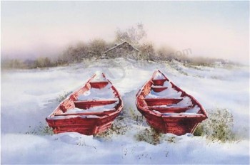 B013在雪风景墨水绘画墙壁背景装饰的两条小船