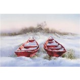 B013雪の風景の2つのボートは、絵画の壁の背景のインテリアを描く