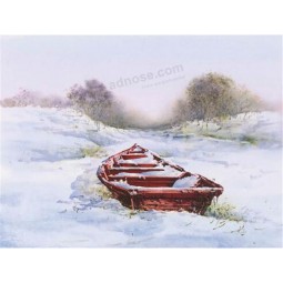 B014 One Boat in the Snow Scenery Ink Painting Wall Background Decor