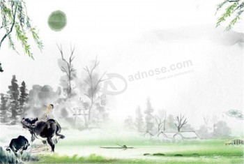 B017 le cow-boy joue de la flûte paysage peinture à l'encre art mural imprimé pour la décoration de la maison