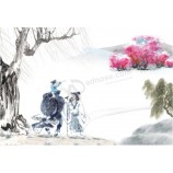 B019元の芸術的な概念の春の風景の背景の墨塗り