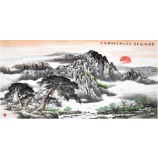 B025赤い太陽が空の風景の風景のインキの絵の背景の壁に上がる