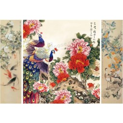B037 Peony Peacock Ink Painting TV Wall Background Decoration