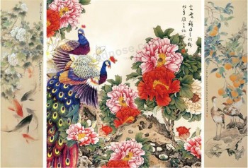 B037 Peony Peacock Ink Painting TV Wall Background Decoration