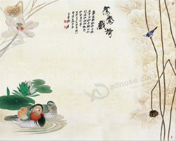 B431鸳鸯和莲花墨水绘画墙壁背景装饰为客厅