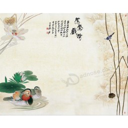 B431 Mandarin Ente und Lotus Blume Tusche Malerei Wand Hintergrund Dekoration für Wohnzimmer