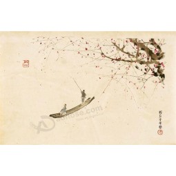 B050 Pflaumenblüte und Boot Landschaft Druck Tinte Malerei Hintergrund Wanddekoration