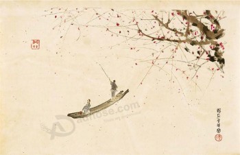 B050 Pflaumenblüte und Boot Landschaft Druck Tinte Malerei Hintergrund Wanddekoration