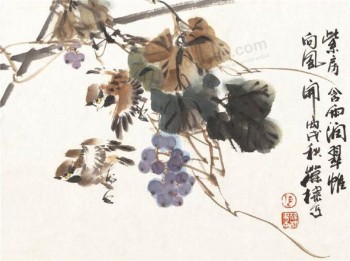 B051葡萄和双麻雀风景印刷水墨画背景墙装饰