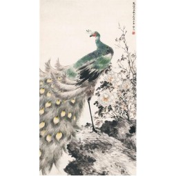 B055孔雀水墨画门廊背景装饰壁画