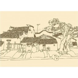 B056 The Scenery of Line Drawing of Village Ink Painting Wall Art Background Mural