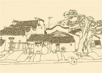 B056 a paisagem do desenho de linha da muralha de tinta de aldeia mural de fundo de arte de parede