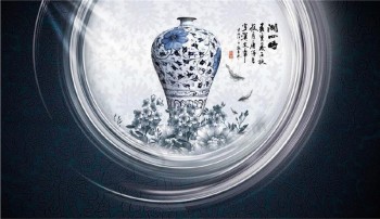 B057中国のスタイル青と白の磁器の壁の芸術の背景墨塗りの壁画