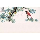 B065高精細手-ペインティングインキの絵中国スタイルのザクロ花とツグミの鳥の背景壁の装飾