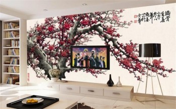 B070梅の花のテレビの背景の壁の装飾インクとウォッシュペイント印刷