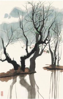 B085 봄 버드 나무 잉크 및 워시 그림 배경 벽 장식 중국 스타일 그림입니다