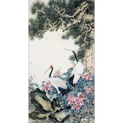 B094中国画红色被加冠的起重机背景墙壁墨水绘画