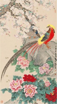 B102 peer bloem gouden fazant freehand penseelvoering water en inkt schilderij hd decoratie schilderij