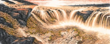 B329壮大な滝の背景の壁の装飾の水とインキの絵画