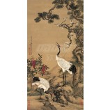B330 소나무 매화 꽃과 더블 크레인 물과 잉크 페인팅 배경 벽 장식