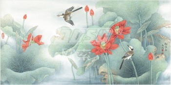 B339 Red Lotus Flower Background Wall Decoration Ink Painting for Home Wall Art Printing
