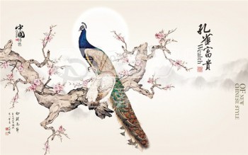 B342 Peacock TV Background Wall Decoration Ink Painting Home Decor