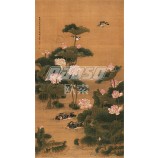 B347 canard mandarin fleur de lotus mur fond décoration encre peinture impression art mural