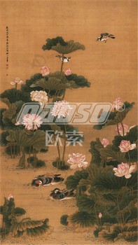 B347 flor de loto mandarín pato pared fondo decoración tinta pintura pared arte impresión