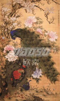 Stampa del materiale illustrativo della pittura dell'inchiostro della decorazione del fondo della parete del portico della peonia del pavone b351