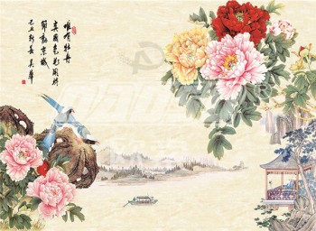 B377 Peony Background Wall Decoration Ink Painting for Home Decor