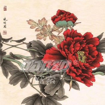 B383 Red Peony Background Wall Decoration Ink Painting for Living Room