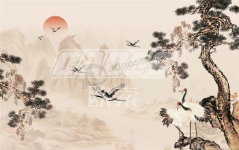 B405 Longevity Crane Landscape Scenery Decorative Painting Wall Background Decoration Ink Painting Printing