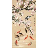 B408 Blume und Vogel neun Fische Hintergrund dekorative Malerei Wand Hintergrund Dekoration Tuschemalerei