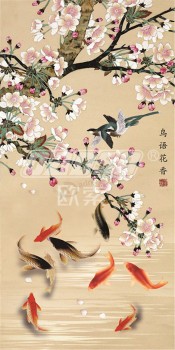 B408 fiore e uccello nove pesci sfondo decorativo pittura parete sfondo decorazione pittura ad inchiostro