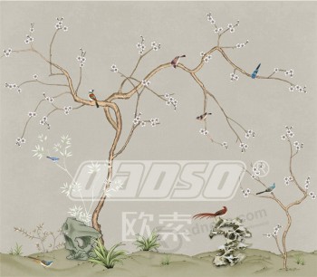 B463 handgeschilderde pruimenbloesem fijne penseelvoering bloem en vogel tv achtergrond wanddecoratie