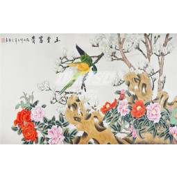 B471牡丹の花と鳥のインク塗装の背景壁の装飾家のインテリア