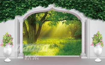 E016バルコニーアーチ緑の森3D背景家の装飾壁画