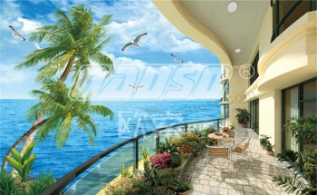 F008 Mediterranean Sea Villa Balcony View Ink Painting Wall Background Decoration