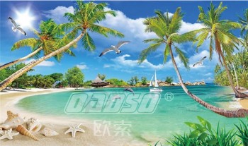 F010 Mediterranean Coconut tree Landscape Ink Painting Wall Background Decoration
