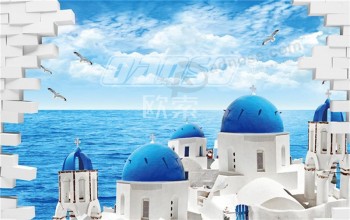 F011 Beautiful Scenery of Aegean Sea Landscape Ink Painting Wall Background Decoration