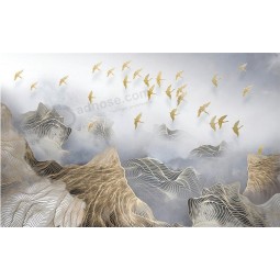 B507 abstrakte künstlerische Konzeption Landschaft Tuschemalerei goldene Linien Vögel Wand Hintergrund Dekoration