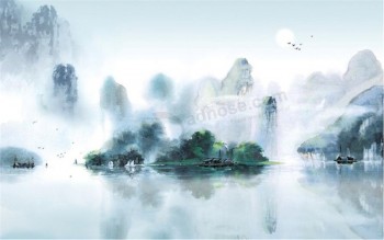 B523江南山水画墙背景装饰壁画