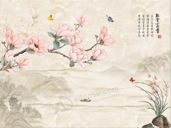 B539新中式手绘玉兰玉兰花鸟景观水墨画