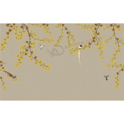 B545-1手绘精美笔花花鸟银杏背景水墨画墙艺术印花