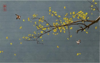 B546 Hand Painted Ginkgo Biloba Flower and Bird Ink Painting Home Decorative Mural